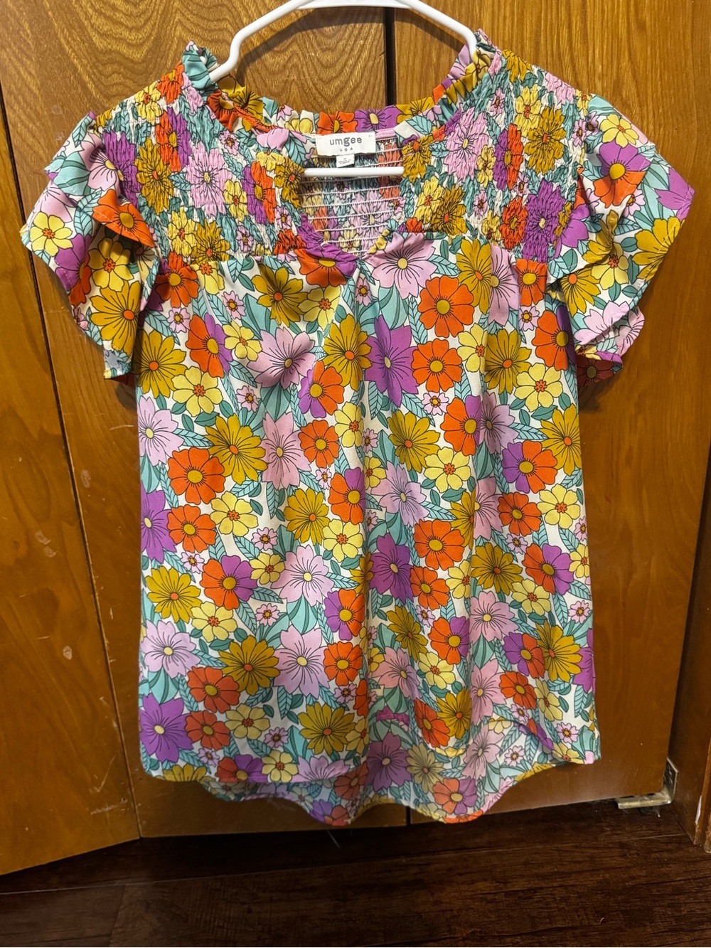 Umgee Floral Smocked Blouse Short Sleeve Top - Multi Color